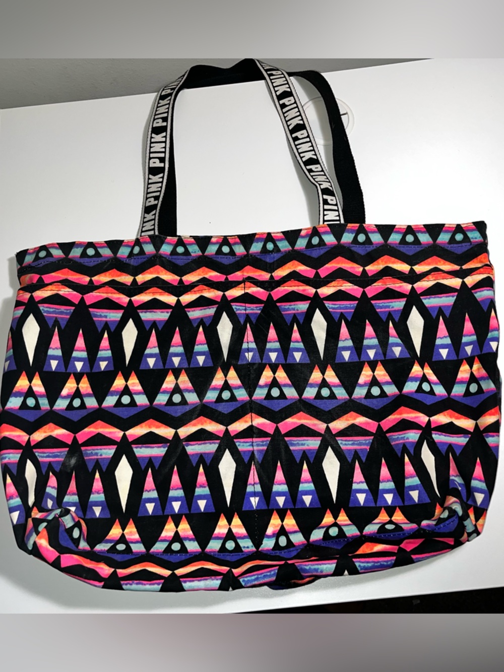 PINK Victoria's Secret Black Tote with Multicolor Geometric Print
